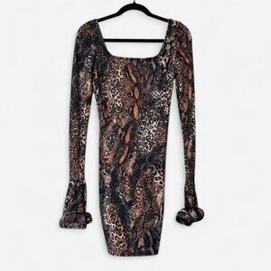 J.OUR Leopard Print Square Neck Long Sleeve Mini Dress